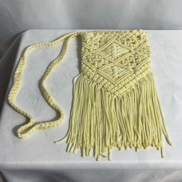 Vintage Macramé Fringe Crossbody Shoulder Bag Boho Festival Hippie Style Yellow - Picture 2 of 5
